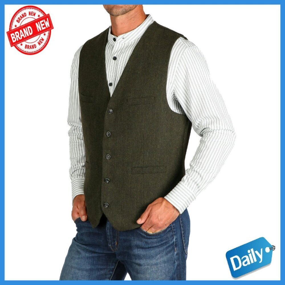 Men's Wool Blend Tweed Vest Adjustable Belt 4 Pockets Herringbone Pattern